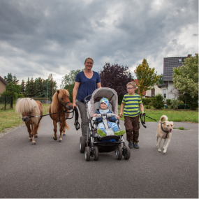 Spaziergang mit Ponys Eine Familie mit Kindern und Kinderwagen geht spazieren, im Hintergrund Ponys