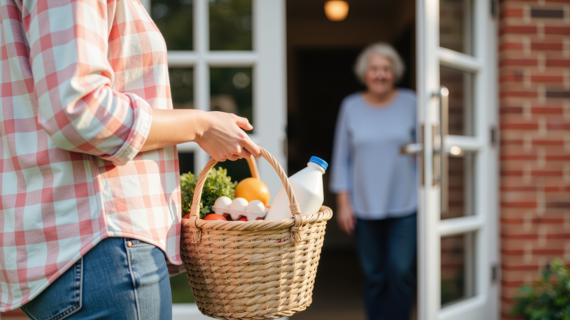 Person carrying basket filled with groceries approaches home, while elderly woman stands door, smiling warmly. This scene captures essence