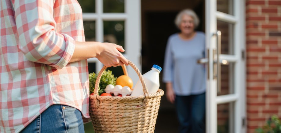 Person carrying basket filled with groceries approaches home, while elderly woman stands door, smiling warmly. This scene captures essence