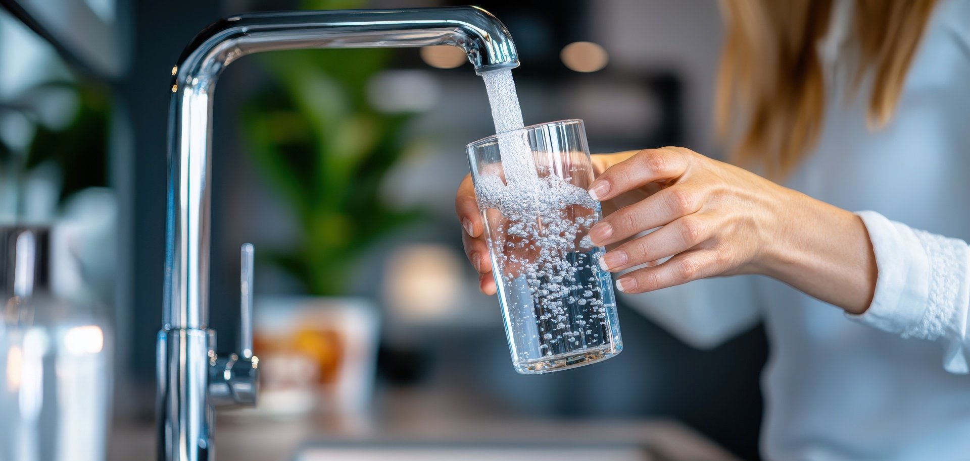 A woman fills a glass with fresh water from a kitchen sink, emphasizing hydration and cleanliness in a home setting, focusing on the importance of water.