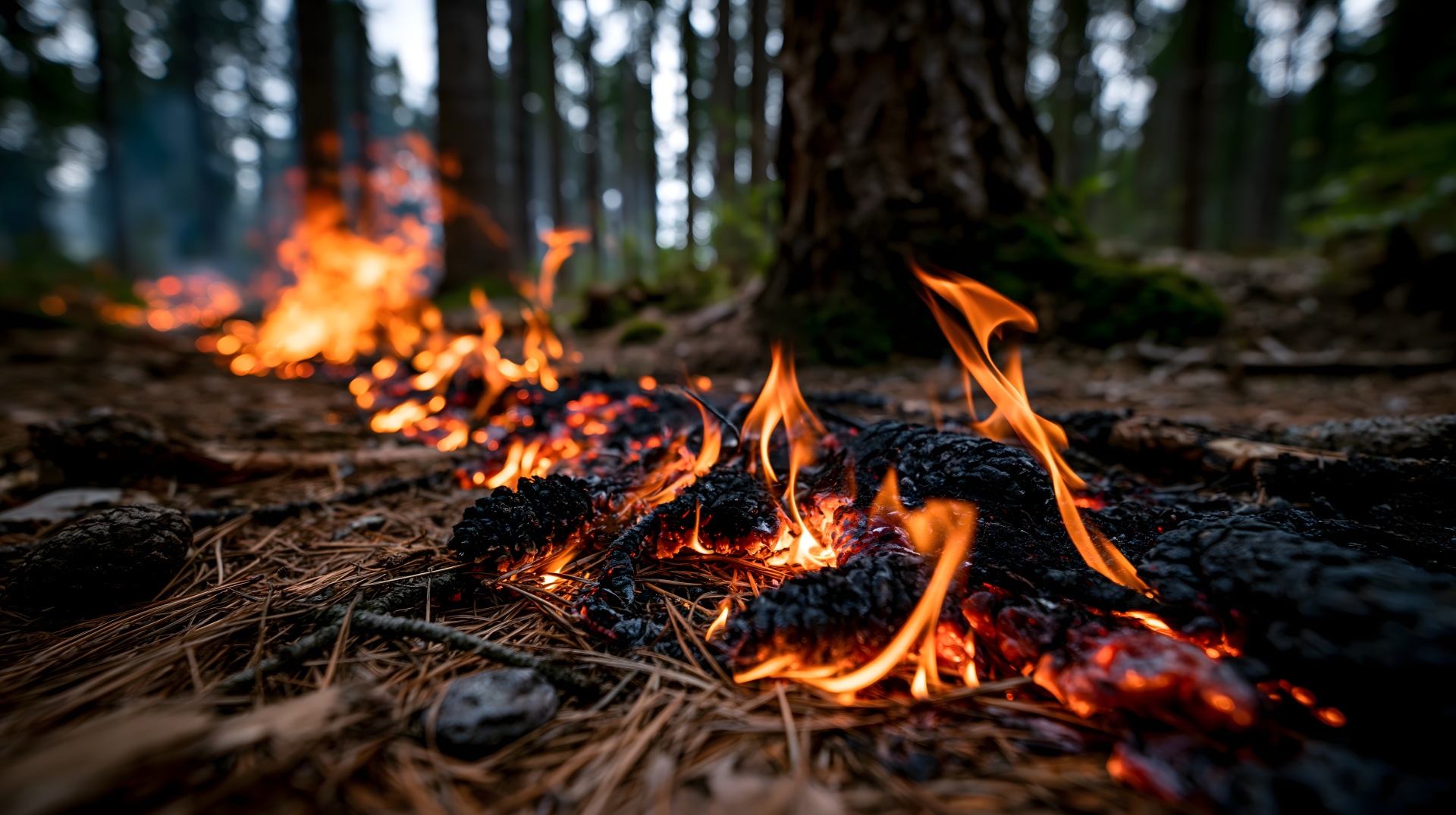 Kleiner Bodenbrand im trockenen Wald als Beginn eines Waldbrandes
