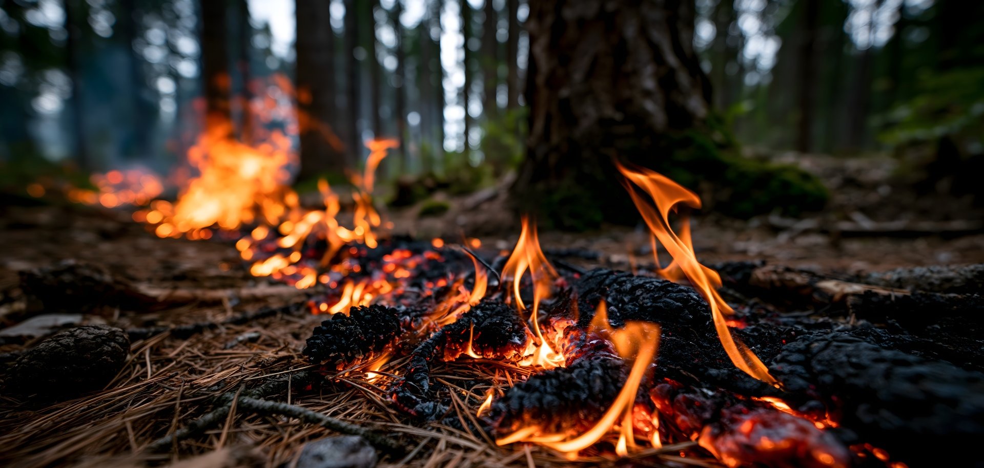 Kleiner Bodenbrand im trockenen Wald als Beginn eines Waldbrandes